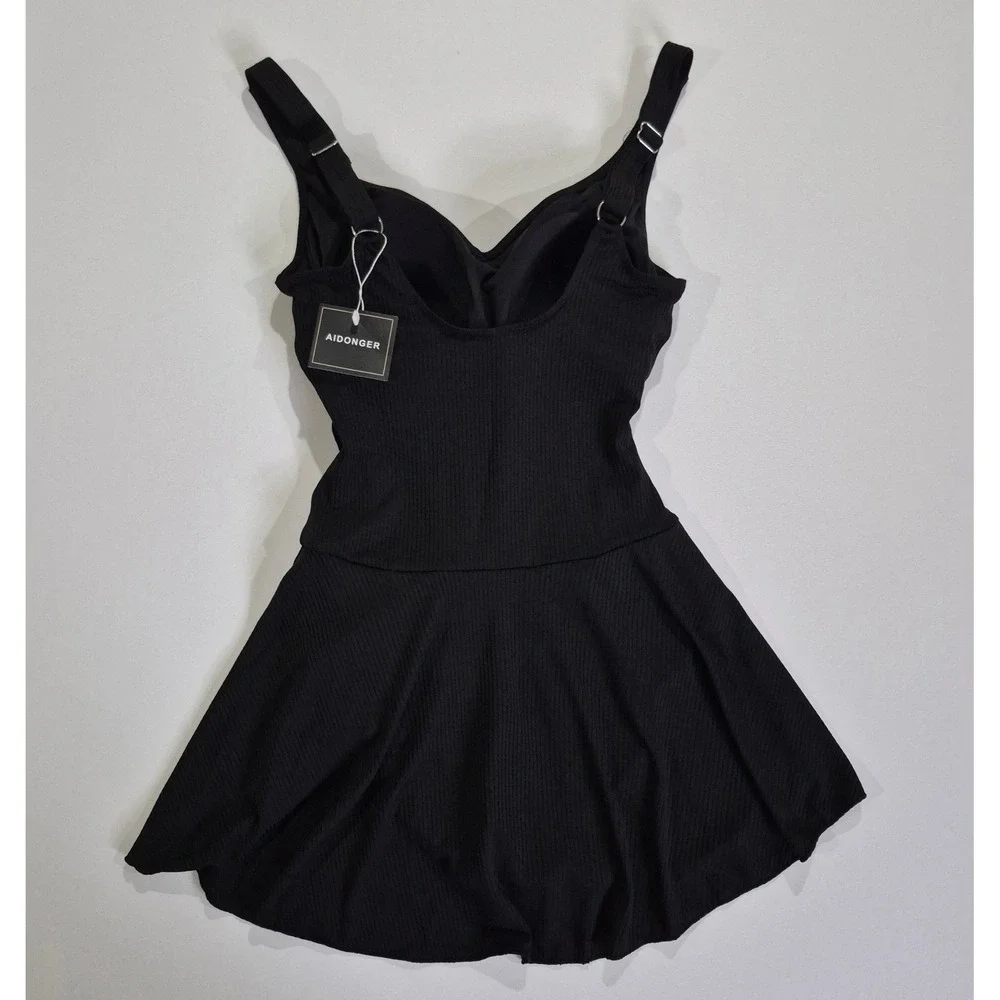 Aidonger Womens Black Ribbed One Piece Swim Dress V-Neck Side Tie Swimsuit Small